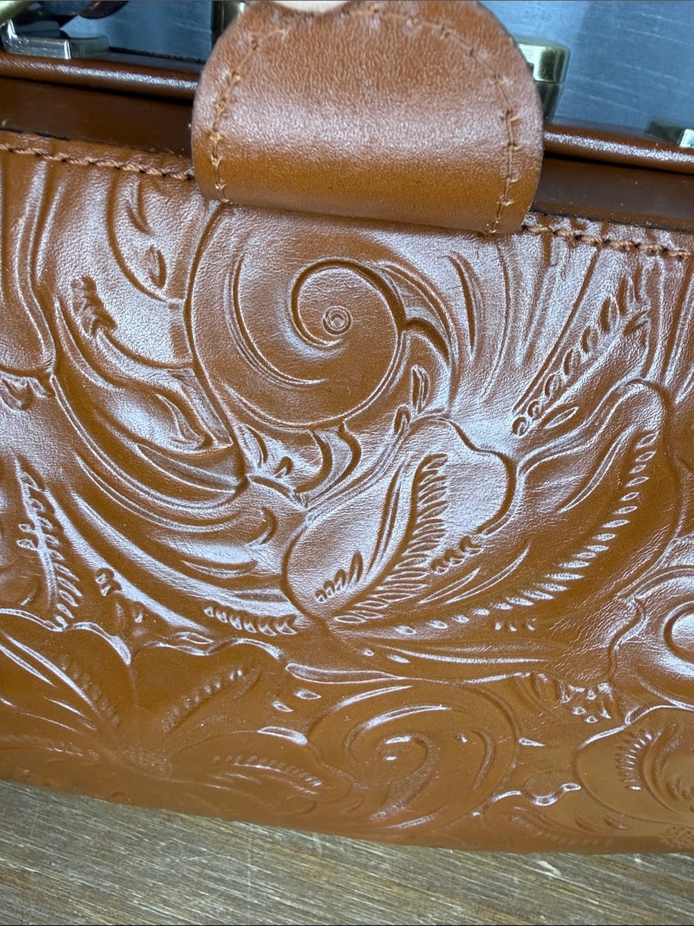 Patricia Nash Tooled Gracchi Florence Frame Satchel Leather Rich Brown Authentic - Picture 13 of 14